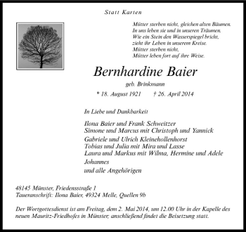 Anzeige von Bernhardine Baier von Westfälische Nachrichten
