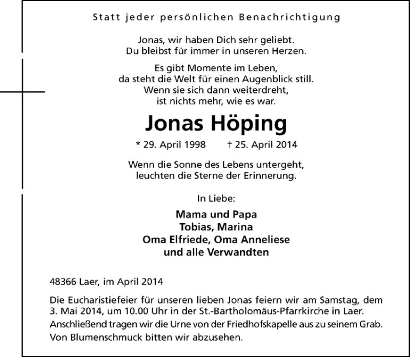  Traueranzeige für Jonas Höping vom 30.04.2014 aus Westfälische Nachrichten