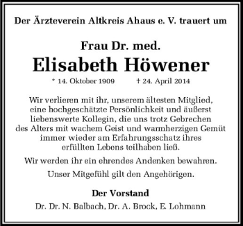 Anzeige von Elisabeth Höwener von Westfälische Nachrichten
