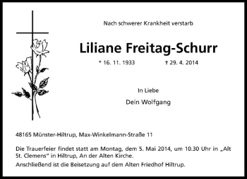 Anzeige von Liliane Freitag-Schurr von Westfälische Nachrichten