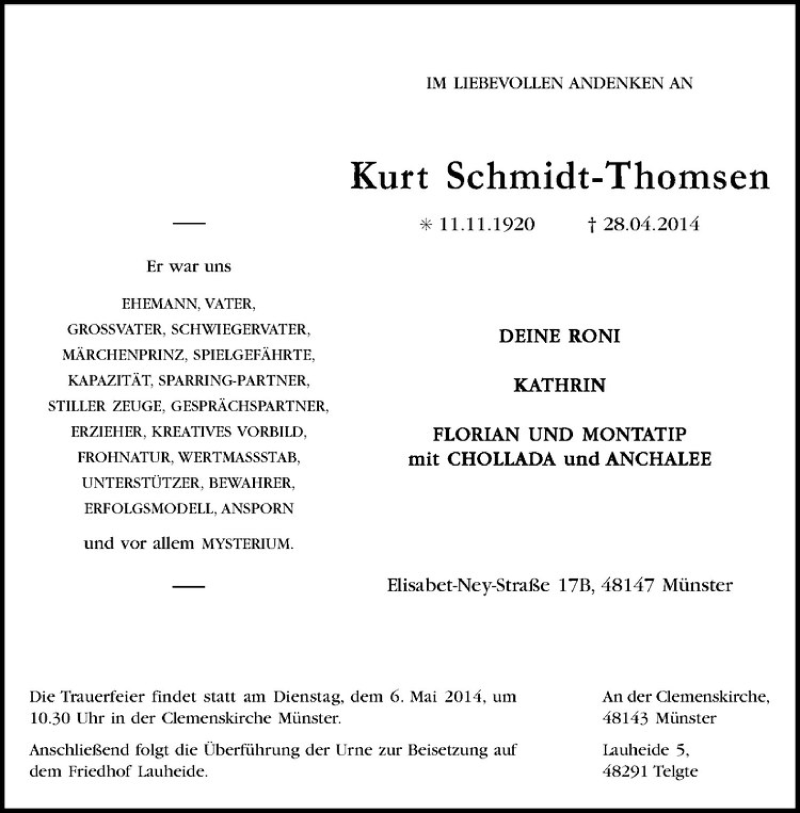  Traueranzeige für Kurt Schmidt-Thomsen vom 03.05.2014 aus Westfälische Nachrichten