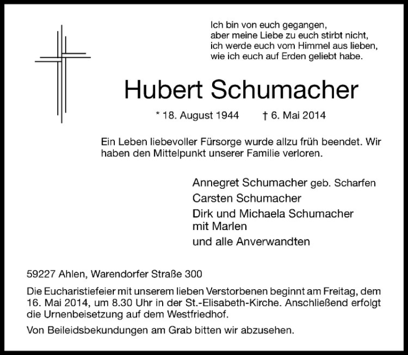  Traueranzeige für Hubert Schumacher vom 10.05.2014 aus Westfälische Nachrichten
