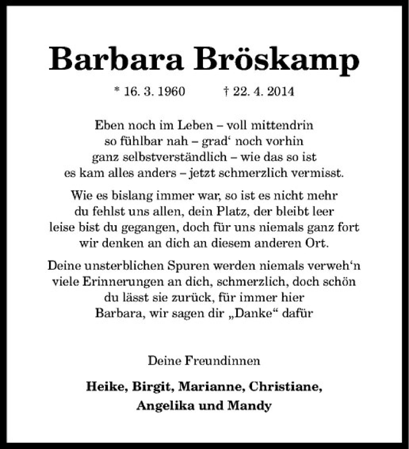  Traueranzeige für Barbara Bröskamp vom 10.05.2014 aus Westfälische Nachrichten