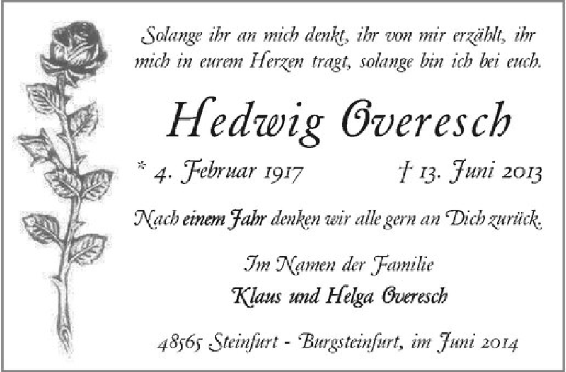  Traueranzeige für Hedwig Overesch vom 14.06.2014 aus Westfälische Nachrichten