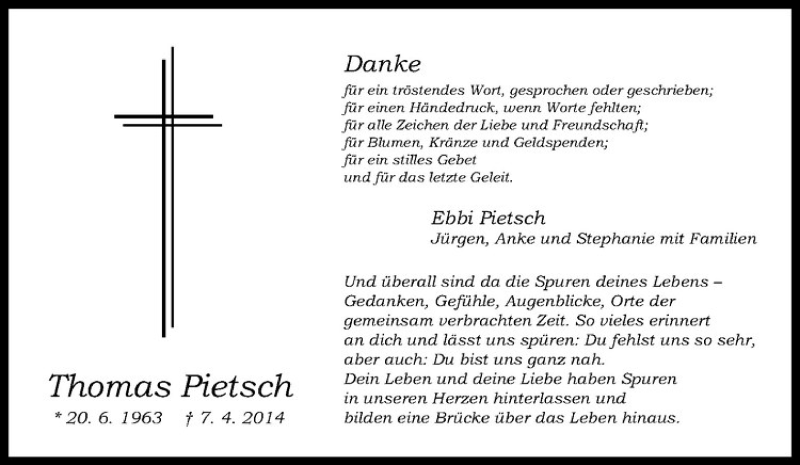  Traueranzeige für Thomas Pietsch vom 17.05.2014 aus Westfälische Nachrichten