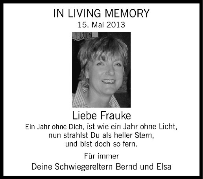  Traueranzeige für Frauke Schwarzwald vom 15.05.2014 aus Westfälische Nachrichten