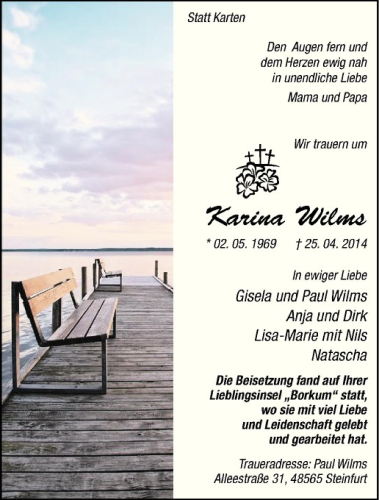  Traueranzeige für Karina Wilms vom 17.05.2014 aus Westfälische Nachrichten