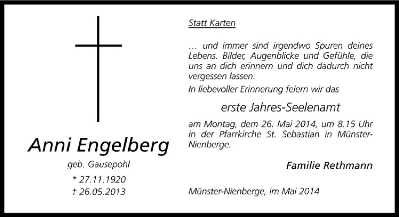  Traueranzeige für Anni Engelberg vom 17.05.2014 aus Westfälische Nachrichten