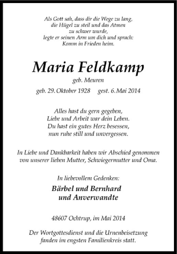 Anzeige von Maria Feldkamp von Westfälische Nachrichten
