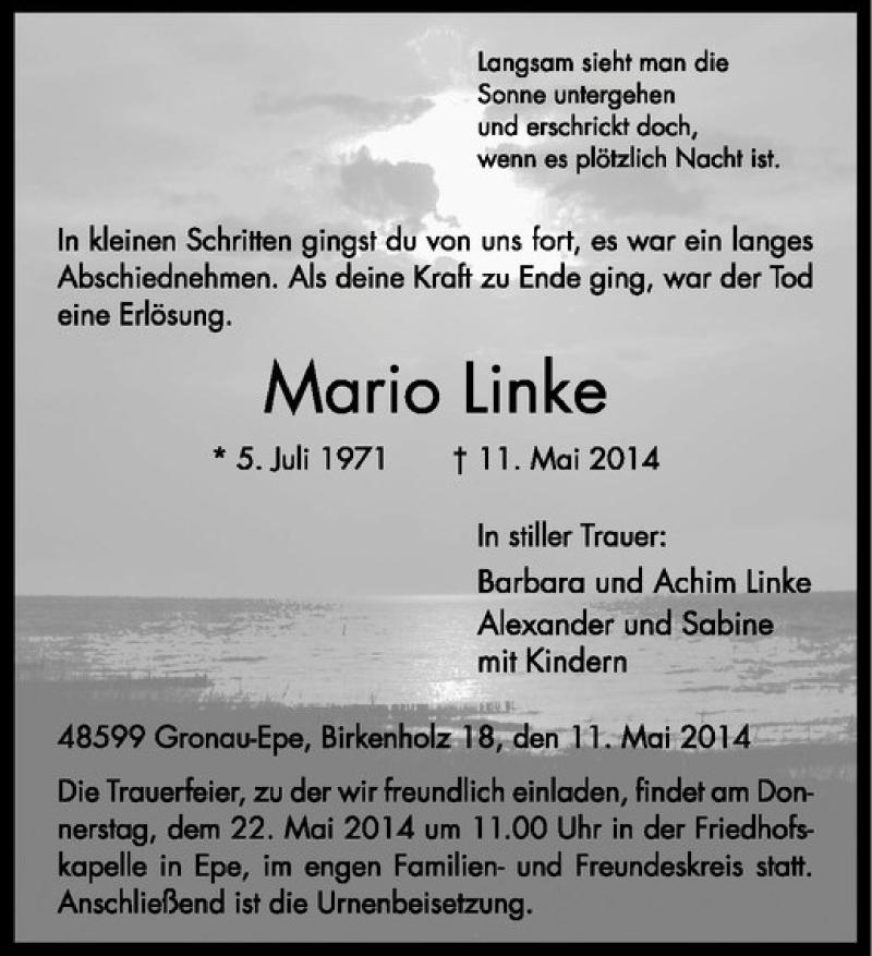  Traueranzeige für Mario Linke vom 20.05.2014 aus Westfälische Nachrichten