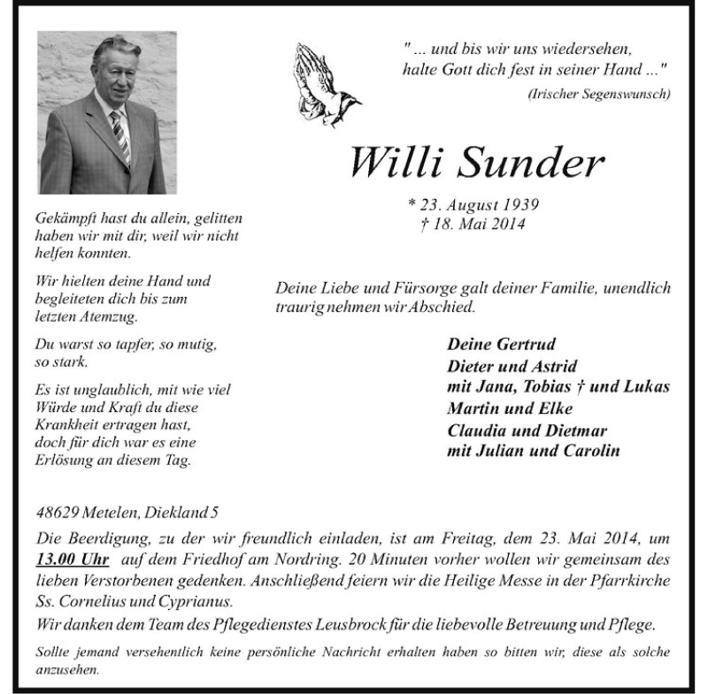  Traueranzeige für Willi Sunder vom 21.05.2014 aus Westfälische Nachrichten