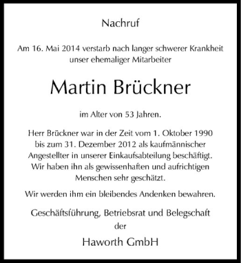 Anzeige von Martin Brückner von Westfälische Nachrichten