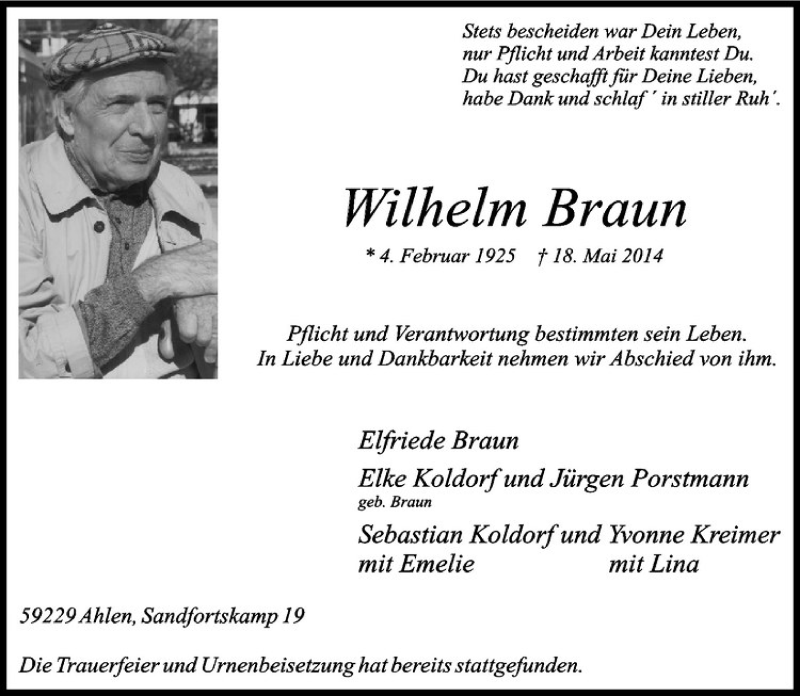  Traueranzeige für Wilhelm Braun vom 27.05.2014 aus Westfälische Nachrichten
