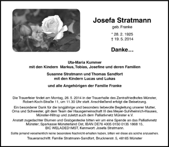Anzeige von Josefa Stratmann von Westfälische Nachrichten