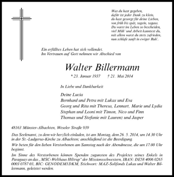 Anzeige von Walter Billermann von Westfälische Nachrichten