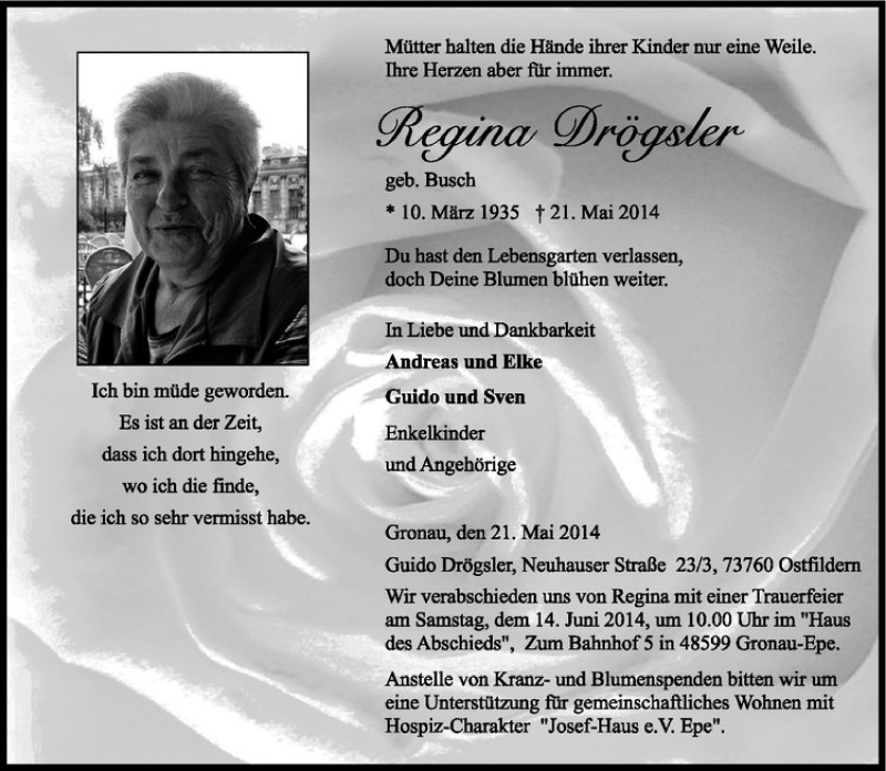  Traueranzeige für Regina Drögsler vom 24.05.2014 aus Westfälische Nachrichten