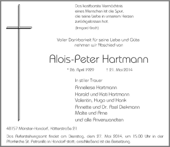 Anzeige von Alois-Peter Hartmann von Westfälische Nachrichten