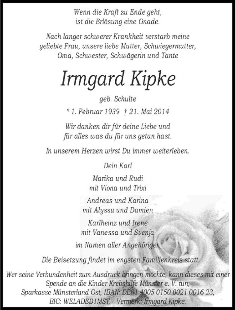  Traueranzeige für Irmgard Kipke vom 24.05.2014 aus Westfälische Nachrichten