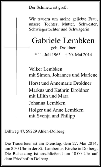 Anzeige von Gabriele Lembken von Westfälische Nachrichten