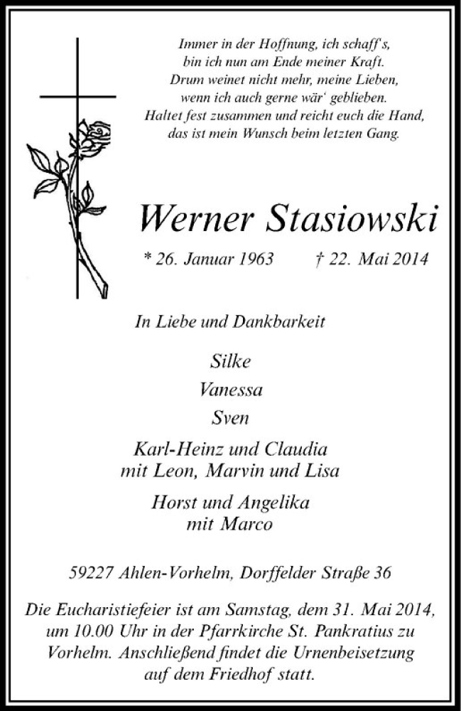  Traueranzeige für Werner Stasiowski vom 27.05.2014 aus Westfälische Nachrichten