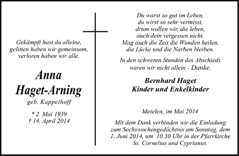  Traueranzeige für Anna Haget-Arning vom 28.05.2014 aus Westfälische Nachrichten