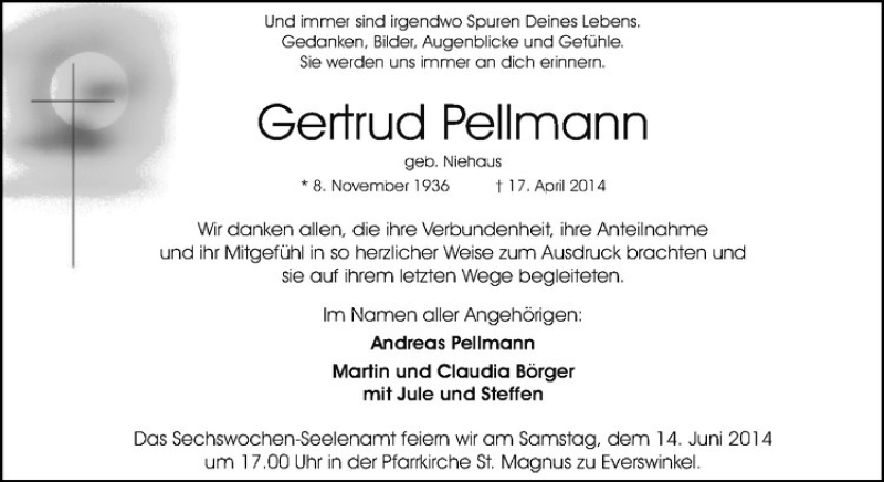  Traueranzeige für Gertrud Pellmann vom 07.06.2014 aus Westfälische Nachrichten