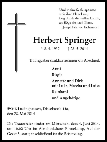 Anzeige von Herbert Springer von Westfälische Nachrichten