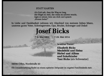 Anzeige von Josef Bicks von Westfälische Nachrichten