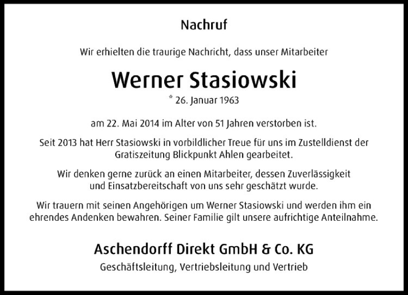  Traueranzeige für Werner Stasiowski vom 07.06.2014 aus Westfälische Nachrichten