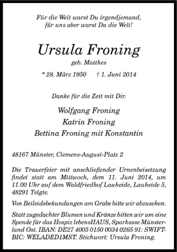 Anzeige von Ursula Froning von Westfälische Nachrichten