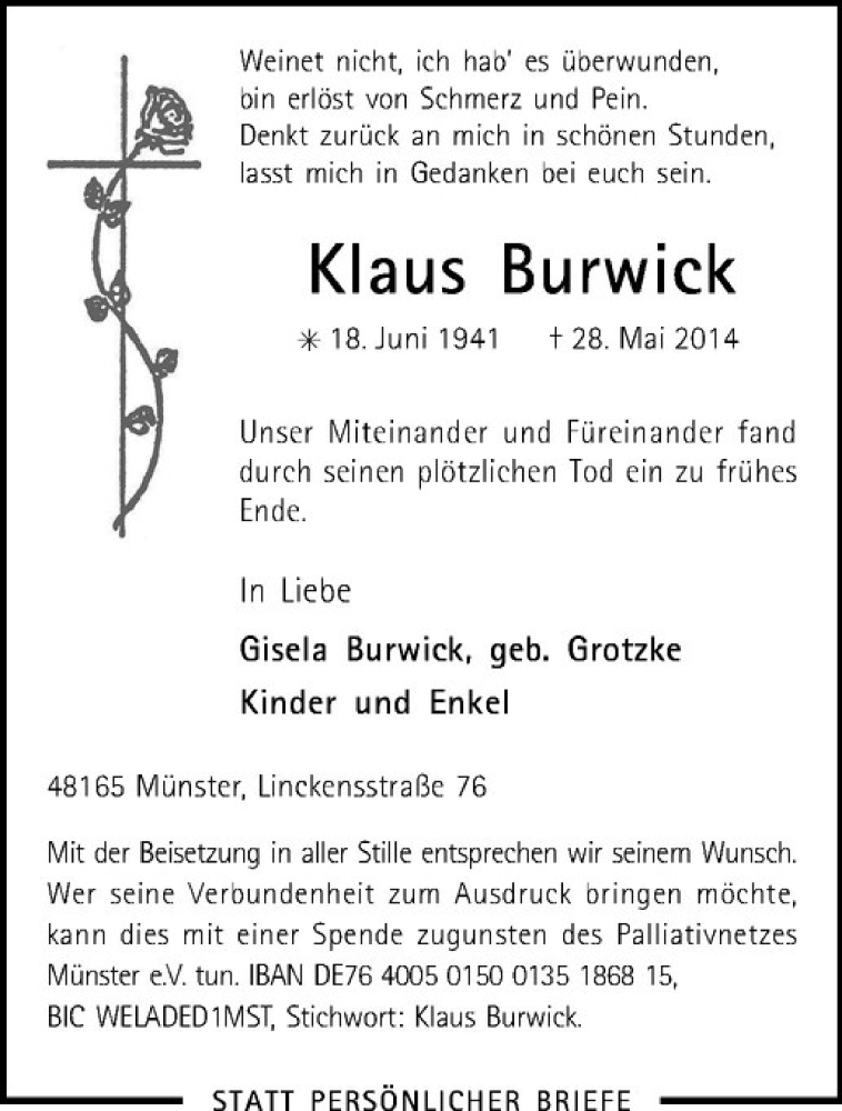  Traueranzeige für Klaus Burwick vom 05.06.2014 aus Westfälische Nachrichten