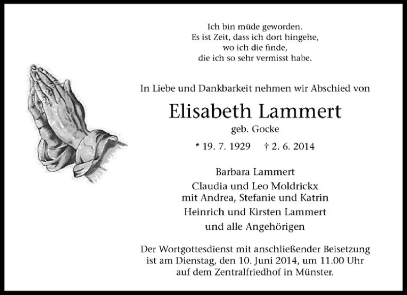  Traueranzeige für Elisabeth Lammert vom 05.06.2014 aus Westfälische Nachrichten
