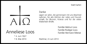 Anzeige von Anneliese Loos von Westfälische Nachrichten