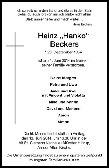 Anzeige von Heinz Beckers von Westfälische Nachrichten