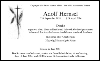 Anzeige von Adolf Hernsel von Westfälische Nachrichten