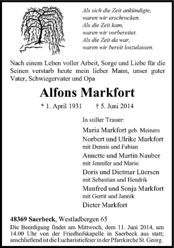 Anzeige von Alfons Markfort von Westfälische Nachrichten