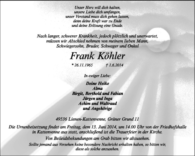  Traueranzeige für Frank Köhler vom 11.06.2014 aus Westfälische Nachrichten