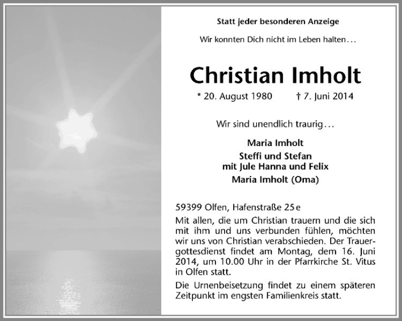  Traueranzeige für Christian Imholt vom 12.06.2014 aus Westfälische Nachrichten