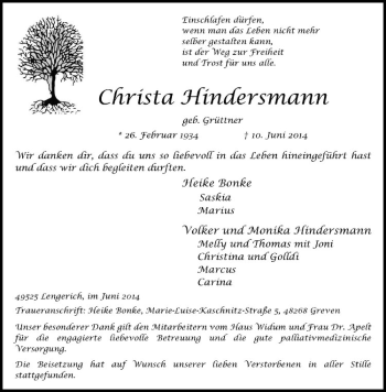 Anzeige von Christa Hindersmann von Westfälische Nachrichten