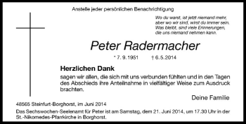 Anzeige von Peter Radermacher von Westfälische Nachrichten