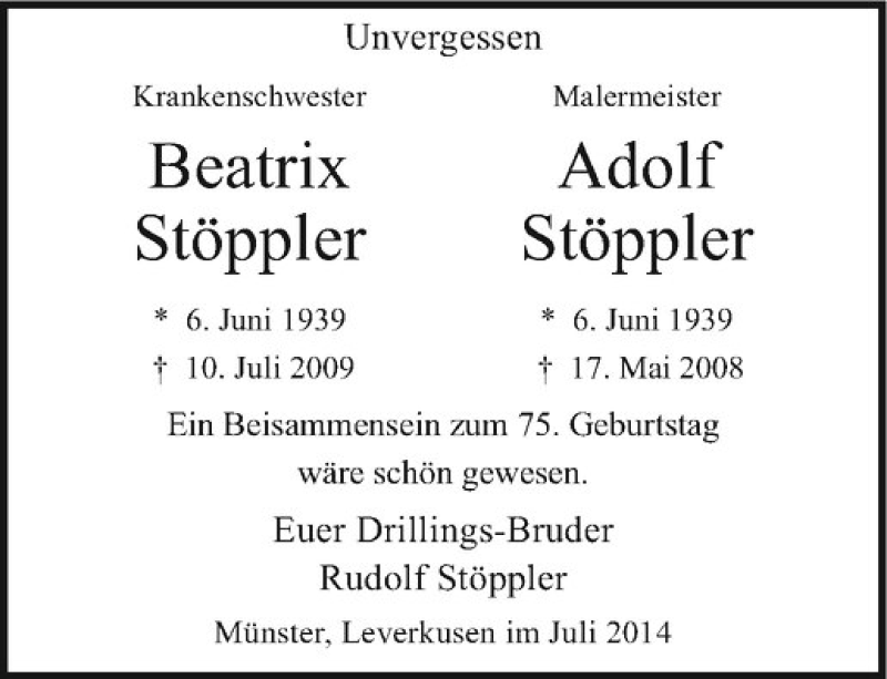  Traueranzeige für Adolf Stöppler vom 12.07.2014 aus Westfälische Nachrichten