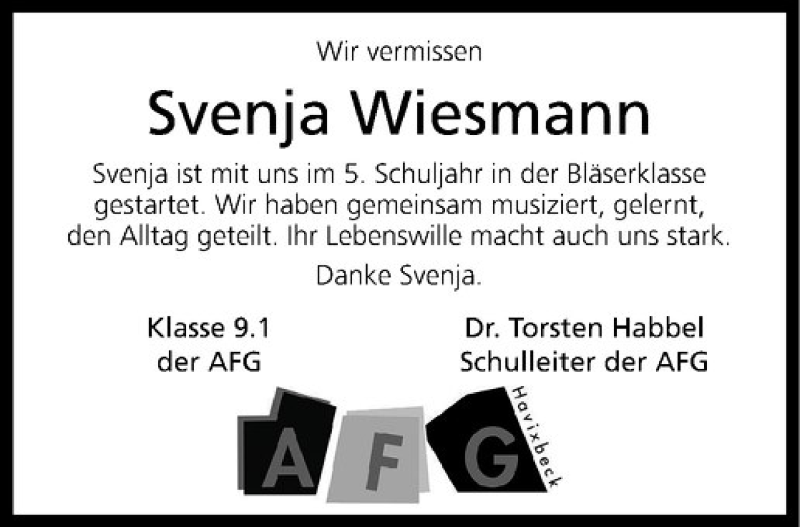  Traueranzeige für Svenja Wiesmann vom 16.06.2014 aus Westfälische Nachrichten