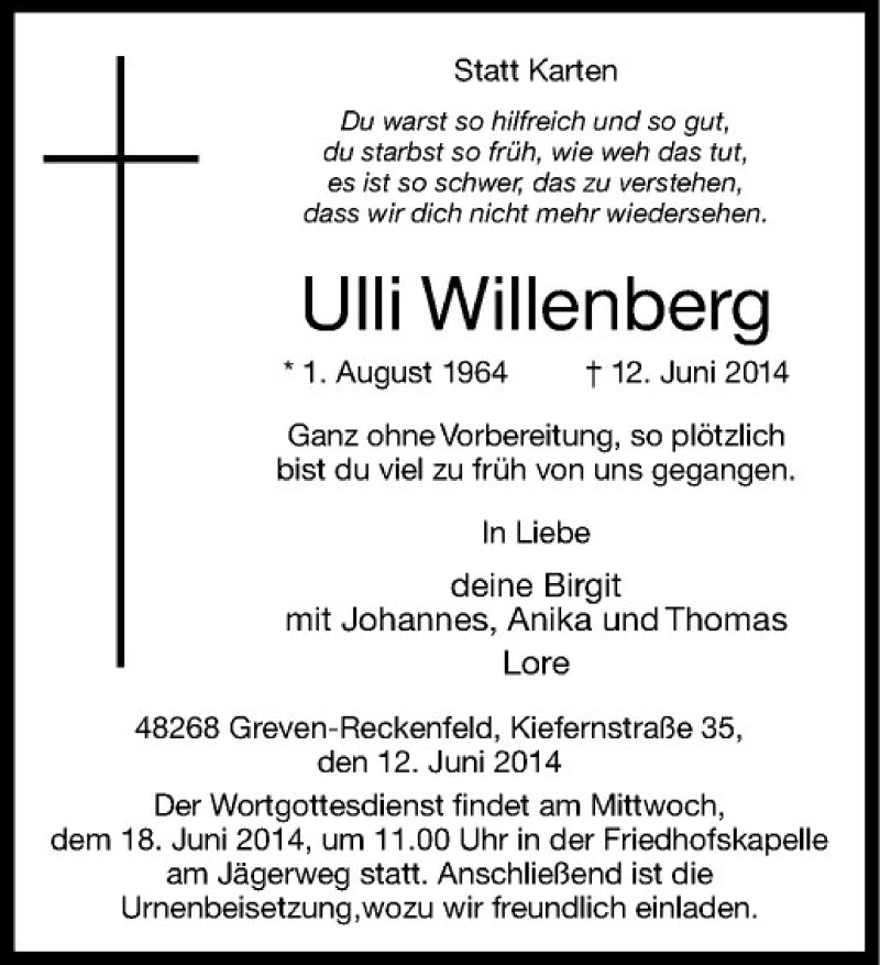  Traueranzeige für Ulli Willenberg vom 16.06.2014 aus Westfälische Nachrichten