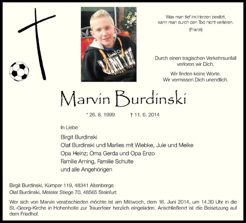  Traueranzeige für Marvin Burdinski vom 17.06.2014 aus Westfälische Nachrichten
