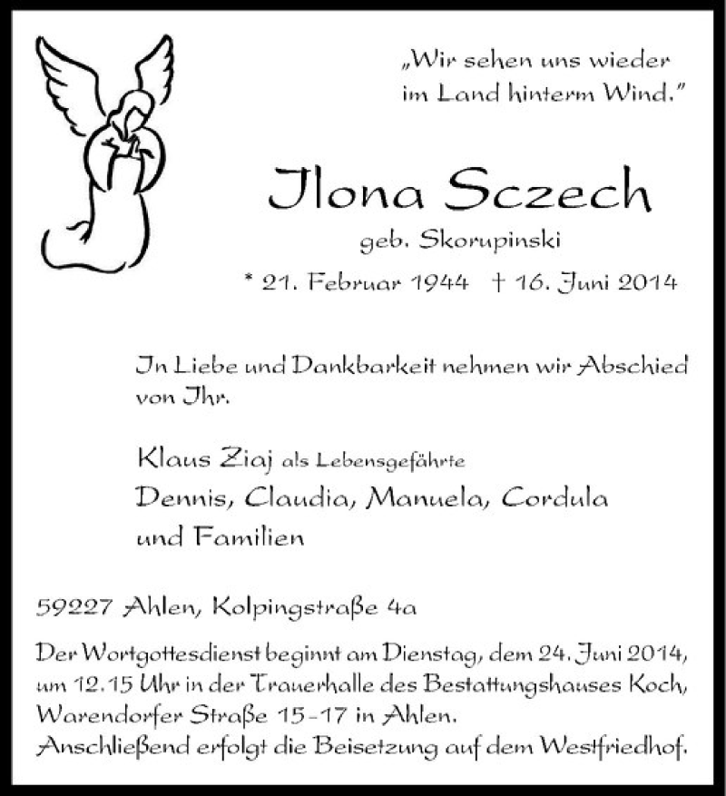  Traueranzeige für Ilona Sczech vom 19.06.2014 aus Westfälische Nachrichten