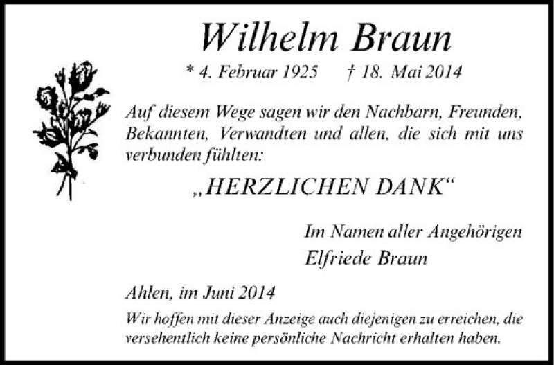  Traueranzeige für Wilhelm Braun vom 21.06.2014 aus Westfälische Nachrichten