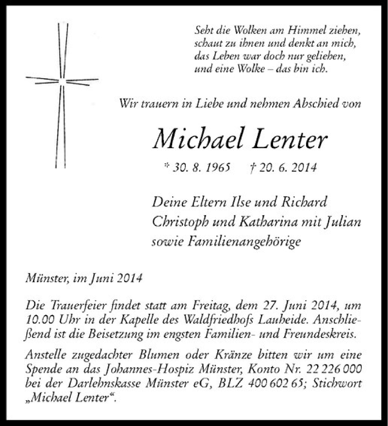  Traueranzeige für Michael Lenter vom 24.06.2014 aus Westfälische Nachrichten