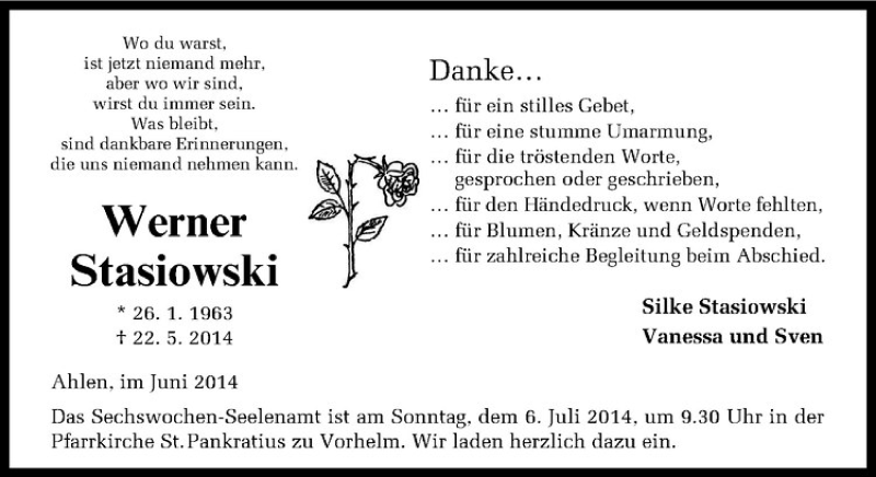  Traueranzeige für Werner Stasiowski vom 28.06.2014 aus Westfälische Nachrichten