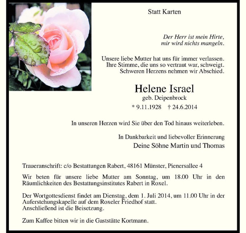  Traueranzeige für Helene Israel vom 28.06.2014 aus Westfälische Nachrichten