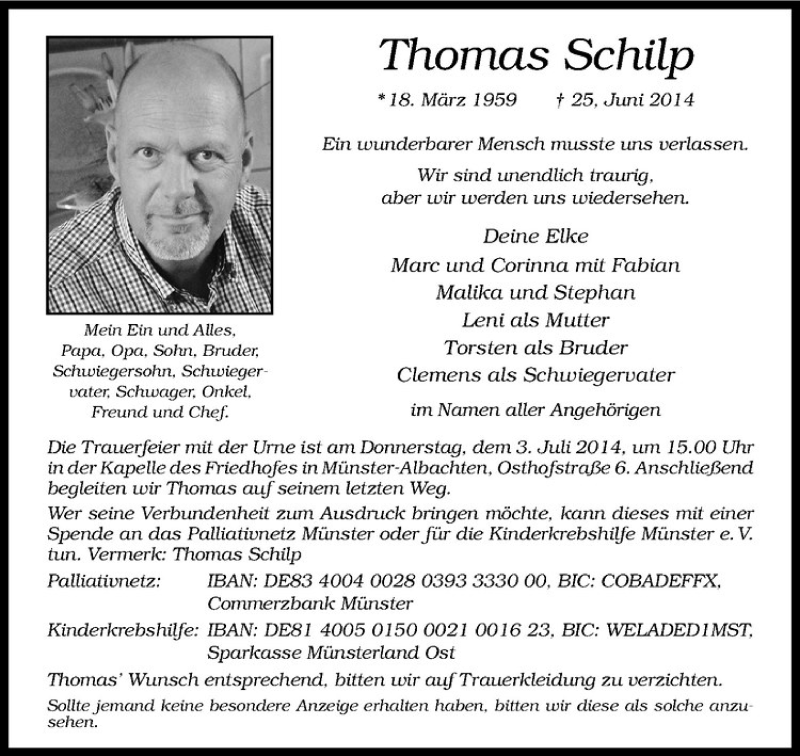  Traueranzeige für Thomas Schilp vom 28.06.2014 aus Westfälische Nachrichten